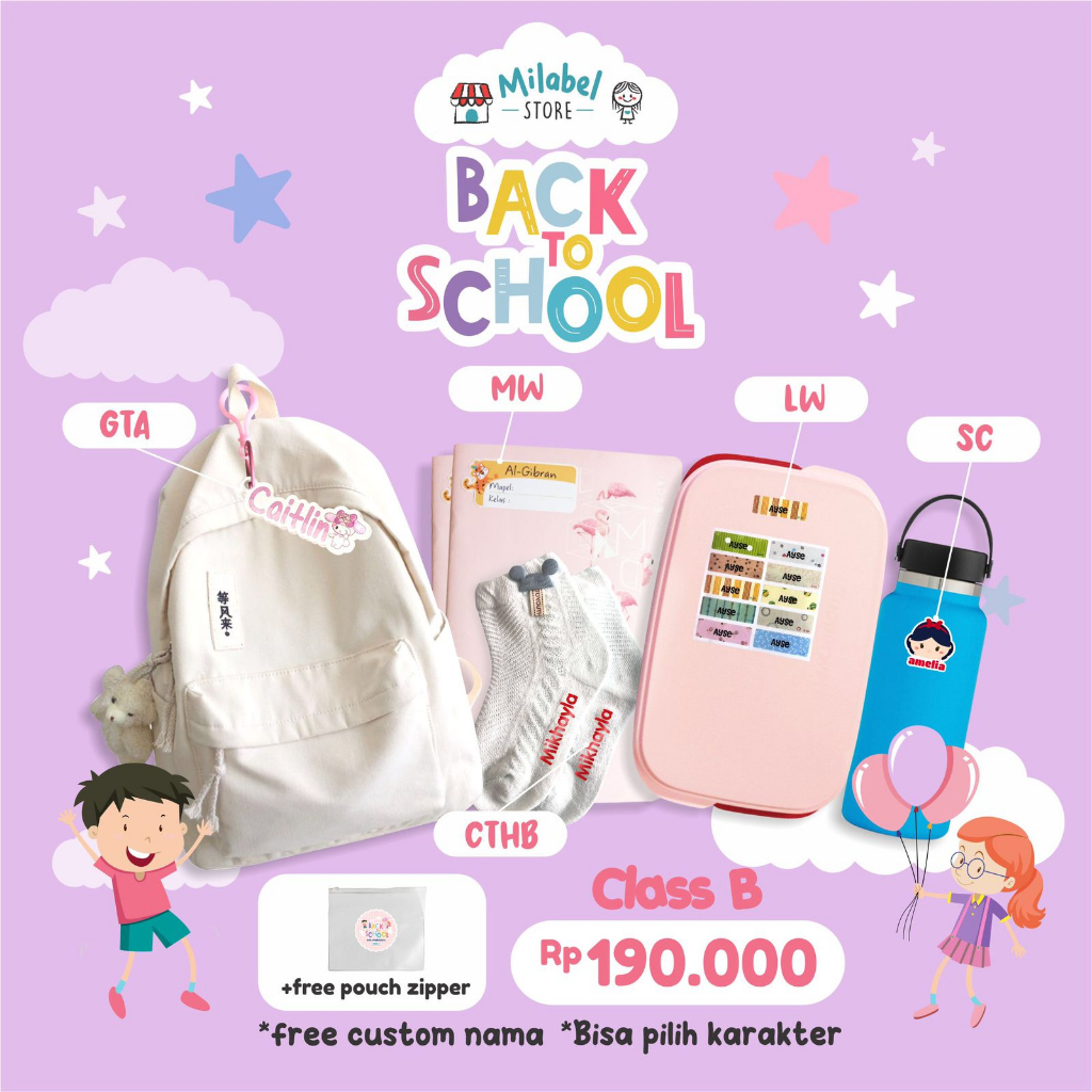 

MILABELSTORE - Back To School PAKET B stiker barang/stiker baju/label nama/label buku/gantungan tas