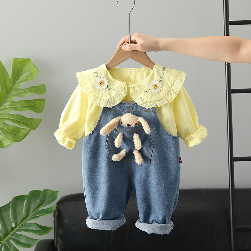 setelan baju anak perempuan lengan panjang motif BONEKA warna putih usia 6 bulan - 4 tahun import