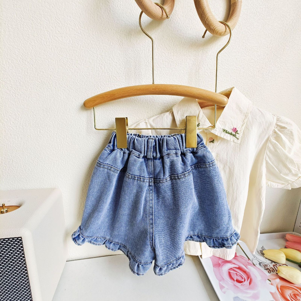 (LOLI-JKT) BS- 467 SETELAN ANAK CEWEK JEANS BUNGA KERAH 100-140