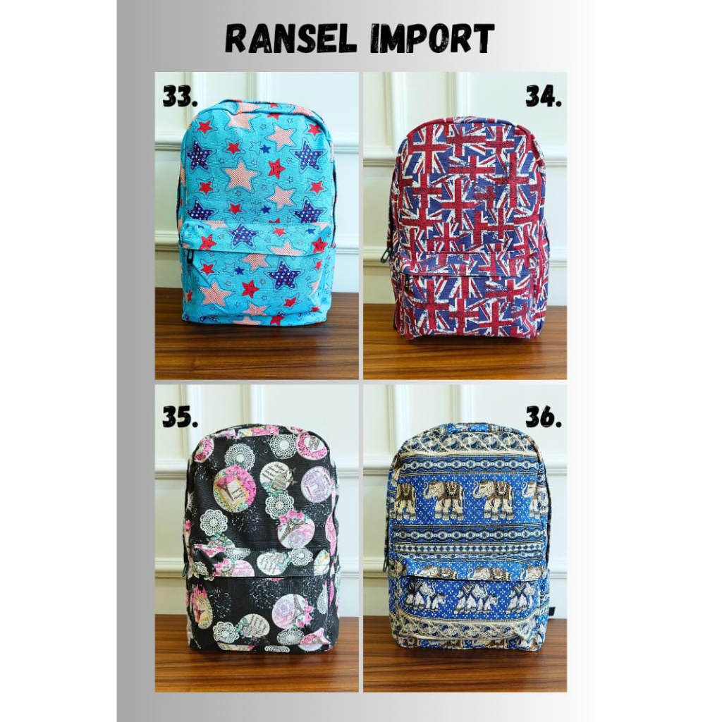 (PINK_IMP)  Ransel Anak SD SMP SMA IMPORT Quality New Tas Fashion Unisex Cowok Cewek . Ready 36 Motif