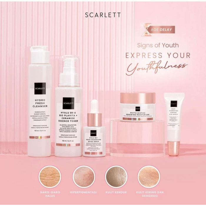 Scarlet Whitening Age Delay Series Antiaging I Hydrofresh Cleanser I Phyto Biotics Renewing Moisturizer I Essence Toner