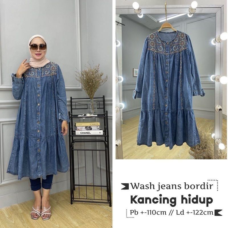 TUNIK WANITA BORDIR BAHAN JEANS LD 112 CM PB 110 CM PT 55 CM TUNIK JEANS KEMEJA BAJU ATASAN WANITA OVERSIZE TUNIK TERBARU 2023