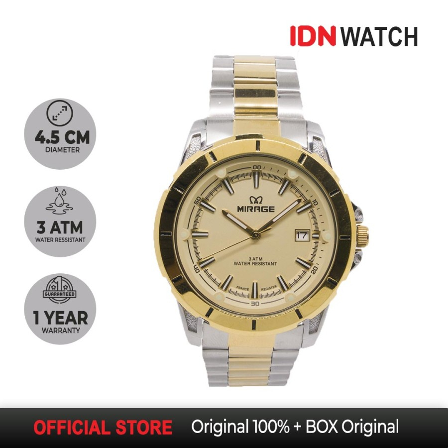 Jam Tangan Mirage Pria Anti Air Rantai Kombinasi Silver Gold 8713M Warna Awet