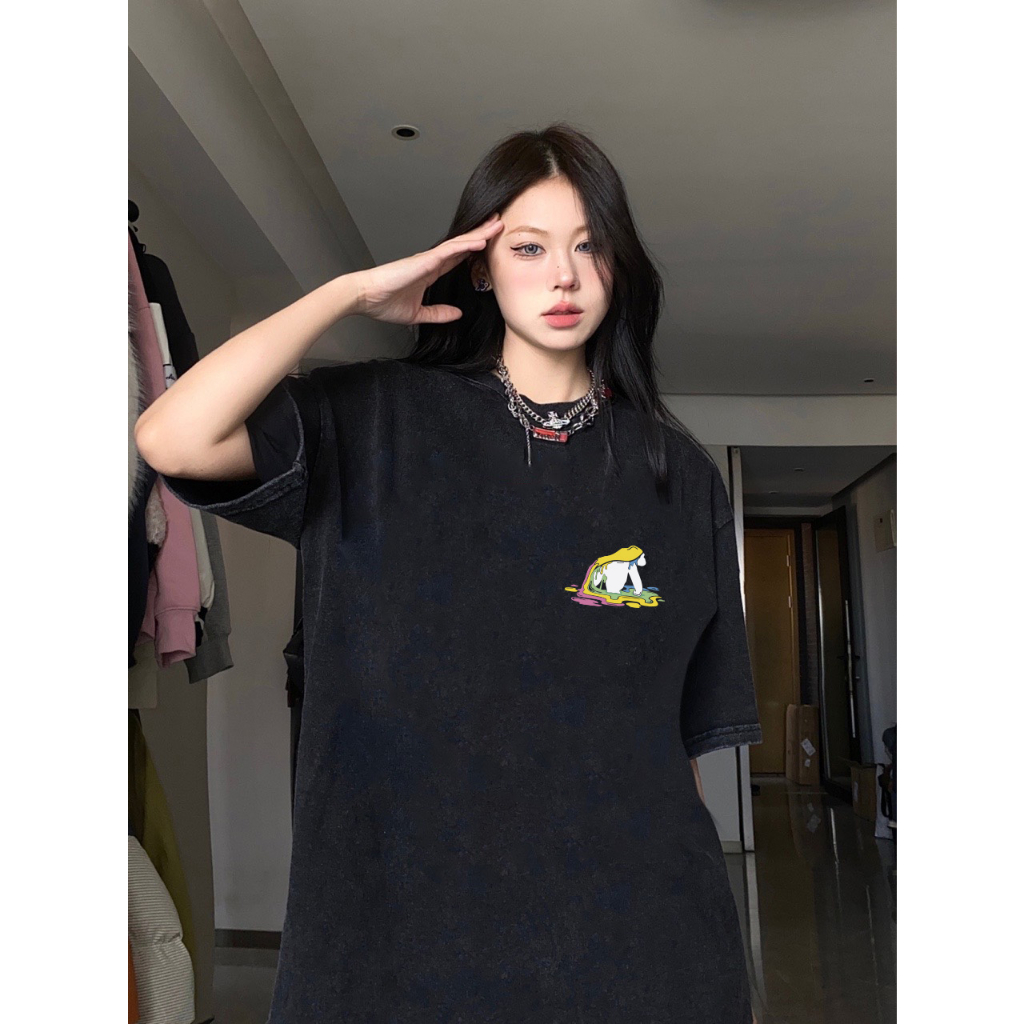 RDGF T-shirt - Sweird oversized black graffiti pattern oversized washed T-shirt Kaos retro Amerika T-shirt lengan pendek wanita/A0944