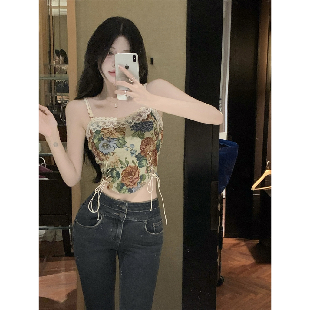 Korean Style Crop Top Vest Retro Model Floral Fit Lace Vest All Match top