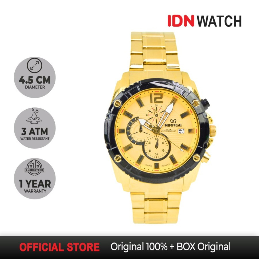 Jam Tangan Mirage Pria Trendy Sporty Original Fashion 8714M Gold Emas Warna Awet