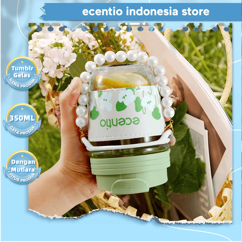 ecentio Gelas tumbler aesthetic Dengan Strap Mutiara / Gelas Minum Kaca Simple Elegan Water Bottle Cup For Coffee / Gelas 350ml