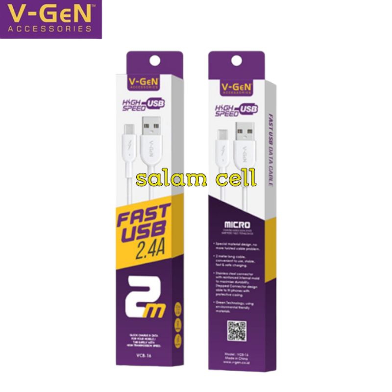 Kabel Data Micro Usb V-GEN VCB-16 2,4A Panjang 2 Meter Quick Charge Original Vgen Vcb 16