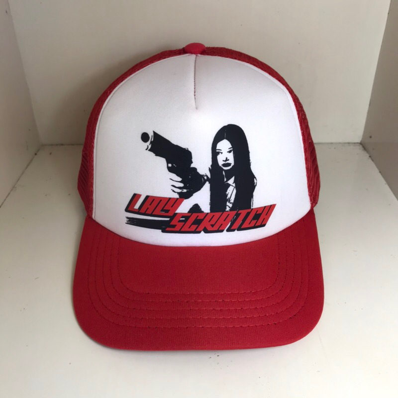 Trucker Hat Y2k Lazyscratch - Girl Gun Red And white - Topi Jaring Unisex