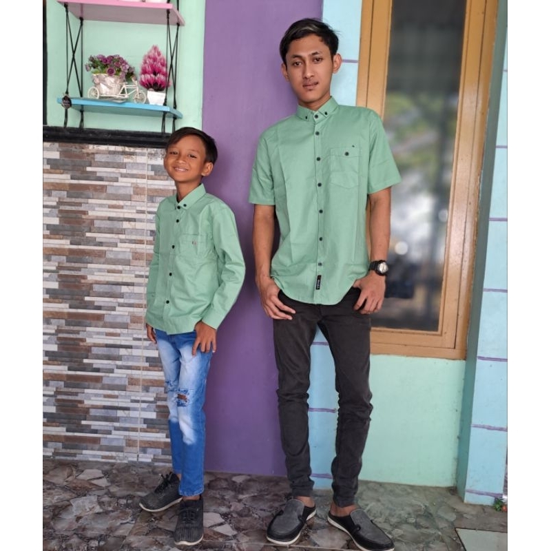 KEMEJA COUPLE AYAH &amp; ANAK WARNA SAGE GREEN KATUN SIGARET PREMIUM(HARGA SATUAN)