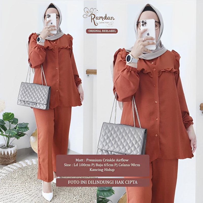 Ramdan Collection | Sandrina Milly One Set Bahan Crinkle Airflow Jipper Depan Sleting Depan Setelan Wanita Kekinian Tunik + Celana Import Fashion Muslim Jumbo OOTD Baju Wanita Premium Terbaru Anak Perempuan Kondangan Hitam Long Tunik Atasan Busui