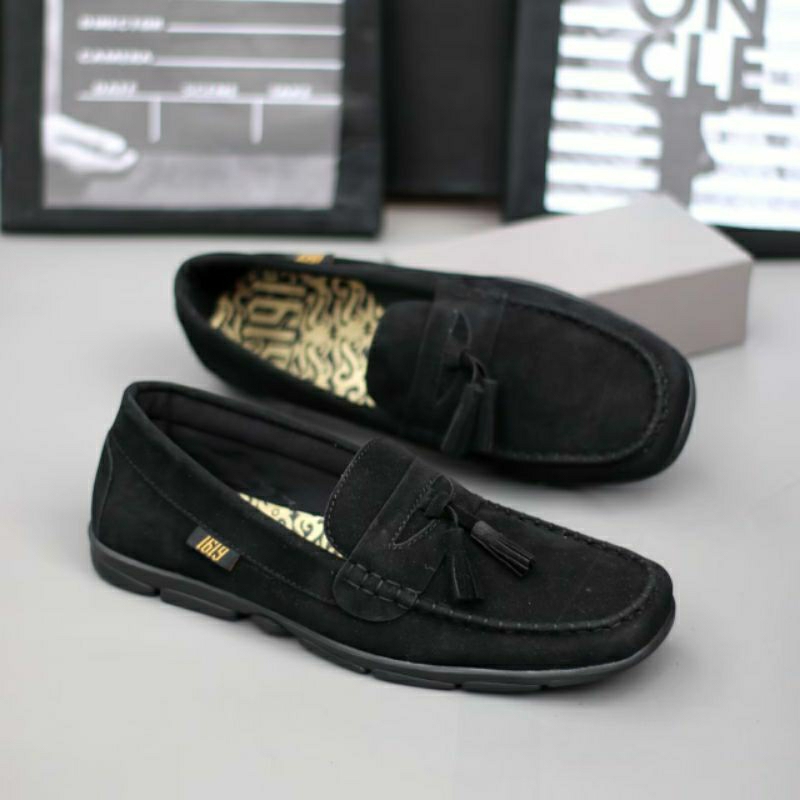 ZEPPLIN Sepatu Kasual Pria Semi Formal Slip On Kulit Suede Loafers Casual Kerja Kuliah Trendi Hitam