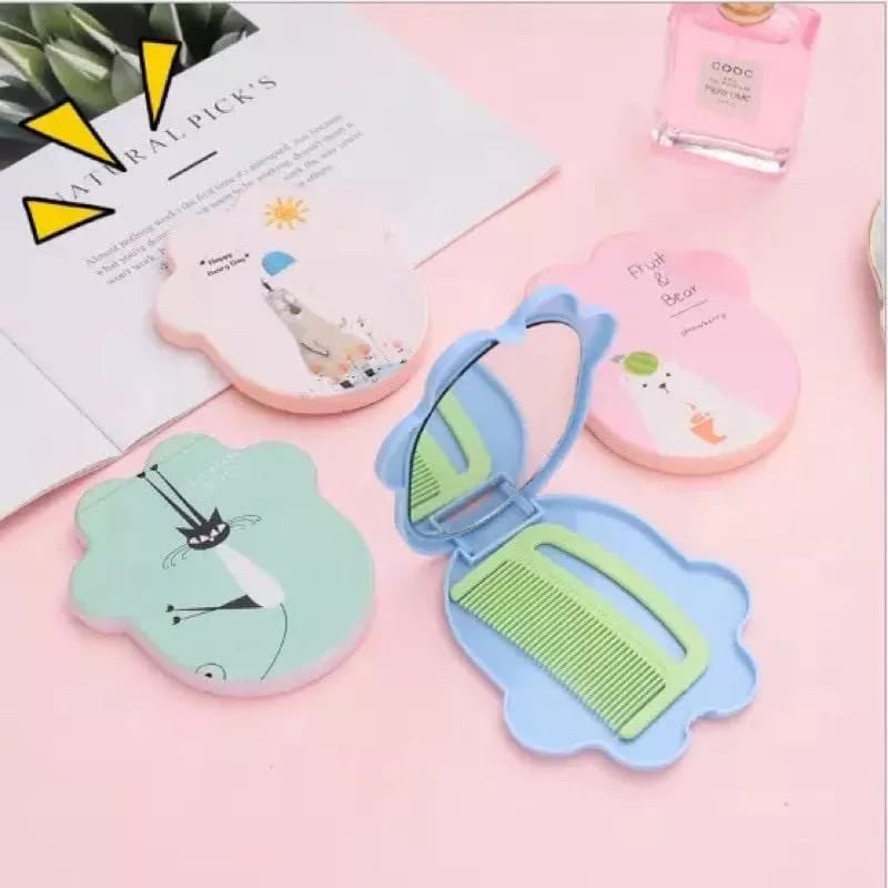 ✿ELYSABETHME✿ Cermin lipat + sisir mini bentuk boneka lucu aksesoris imut