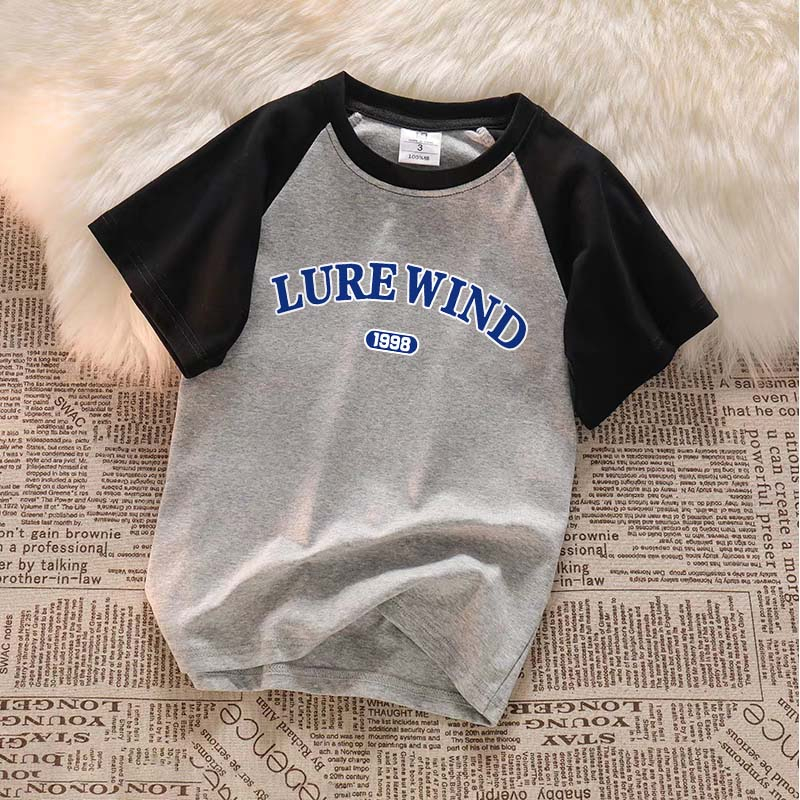 Kaos Baju Raglan Wanita Blue Letter Pattern Kaos Oversize Baju Korean Style Kaos Wanita Lengan Pendek