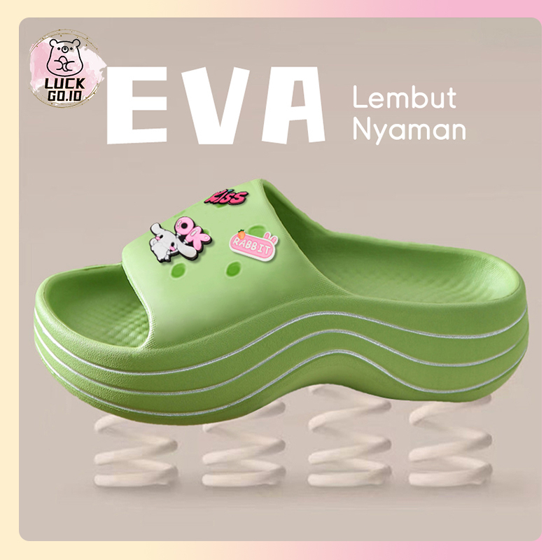 Sandal Slop Wanita Wedges Import Sendal Fuji Viral Jibbitz Kekinian Sandal Jelly Karet Selop Baim Lucu Stiker 3D Platfrom Tebal Elastic Empuk Eva