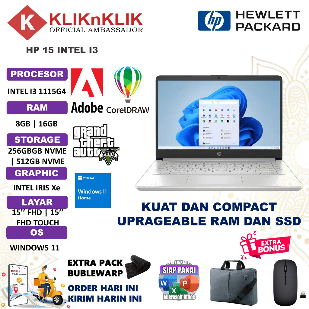 LAPTOP MURAH HP 15 INTEL I3 16GB 512GB FHD 15,6&quot; UHD GRAPHIC WINDOW 11 HOME