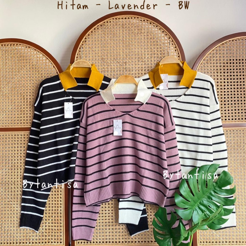 Bytantisa - Blouse Polo Rajut Tavia Motif Garis