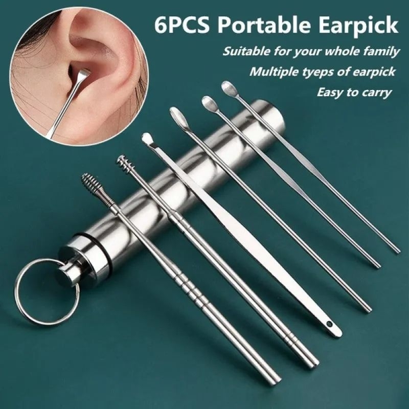 STAINLESS ANTI KARAT ALAT PEMBERSIH KOTORAN TELINGA PAKET KOREK KUPING ISI 6PCS EAR WAX PICKER