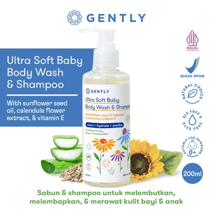 Gently Body Wash &amp; Shampoo / Ultra Soft Body Wash / Sabun Mandi Bayi Super lembut 200ml CBKS