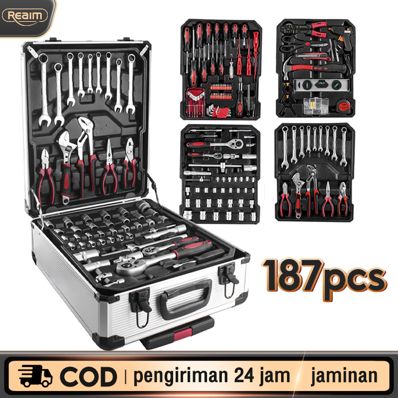 Tool superman Tool Kit 187 PCS alat kunci pas soket Set obeng set Perkakas Bengkel Dan Rumah Koper Lengkap Bahan Kuat