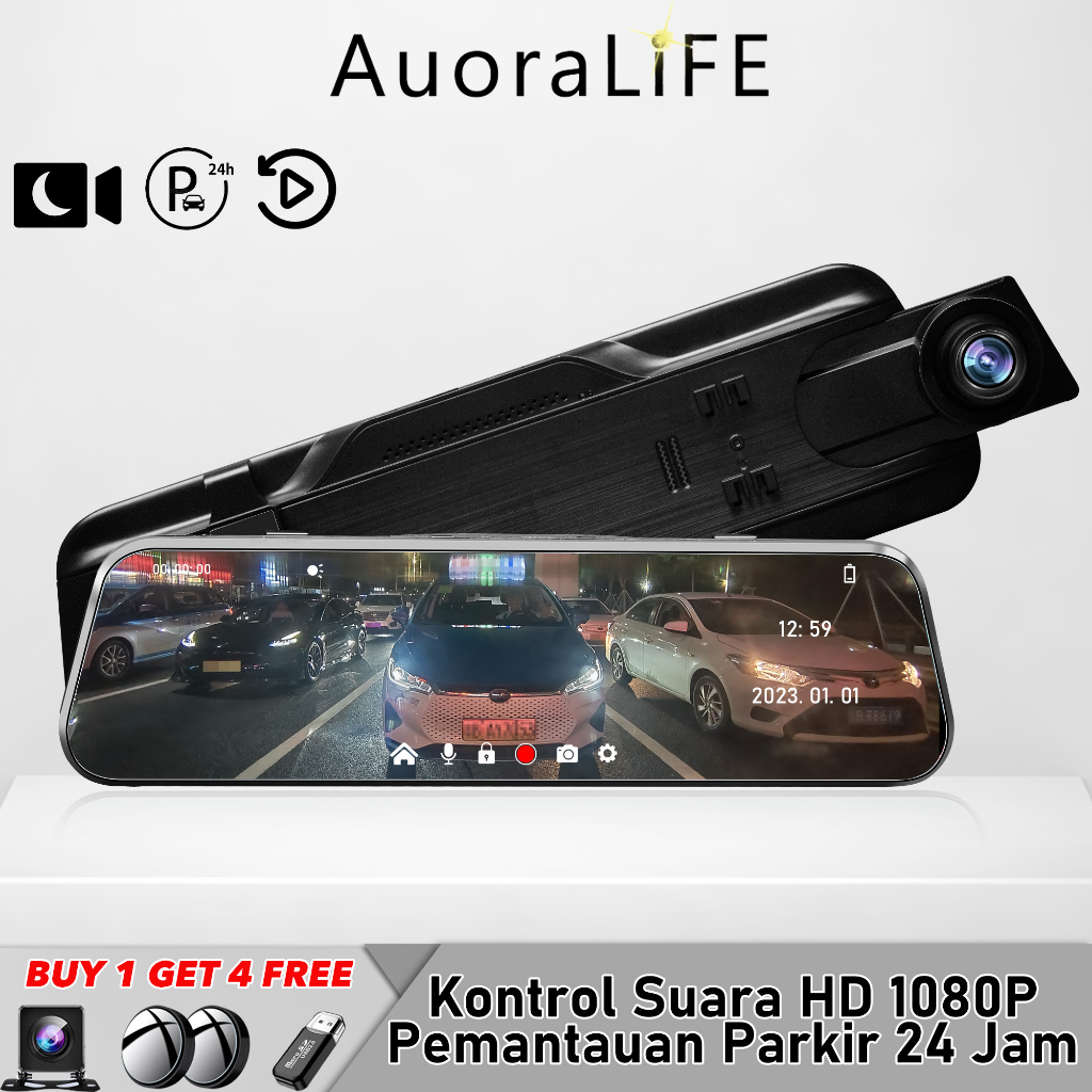 Auoralife  Dashcam Mobil 1080P HD 10 Inch WiFi Layar Sentuh IPS Night Vision Dual Lens Perekaman Loo