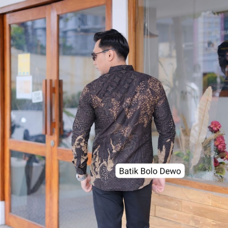 BATIK BOLO DEWO Motif Peksi Black Kemeja Baju Batik Pria Lengan panjang Lapis furing Hem Atasan