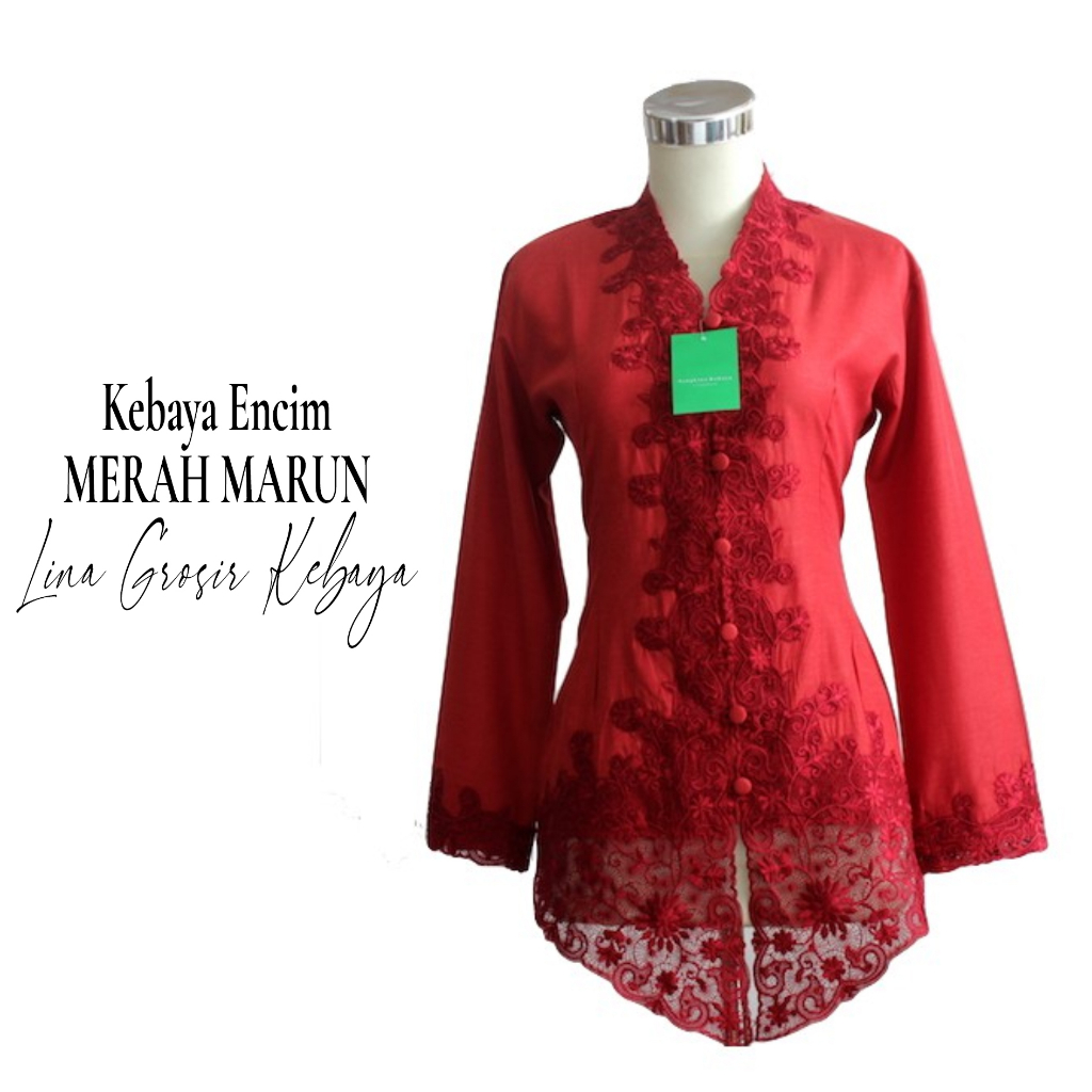 Kebaya Encim Bordir Katun Stretch Merah Marun Lengan Panjang