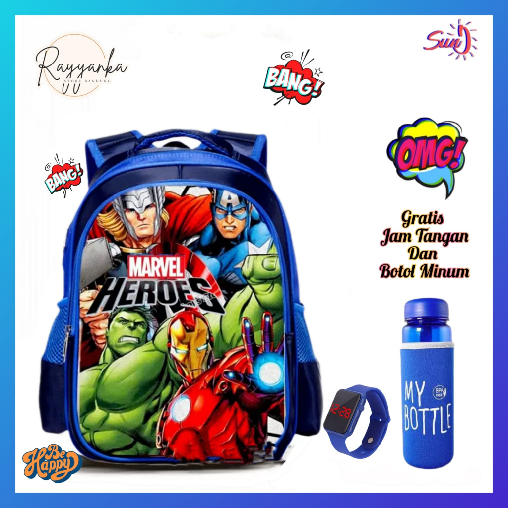 Tas Ransel Anak Laki Laki Model H3r0Mvl Gratis Jam Led Dan Botol Minum Untuk Tk &amp; Sd