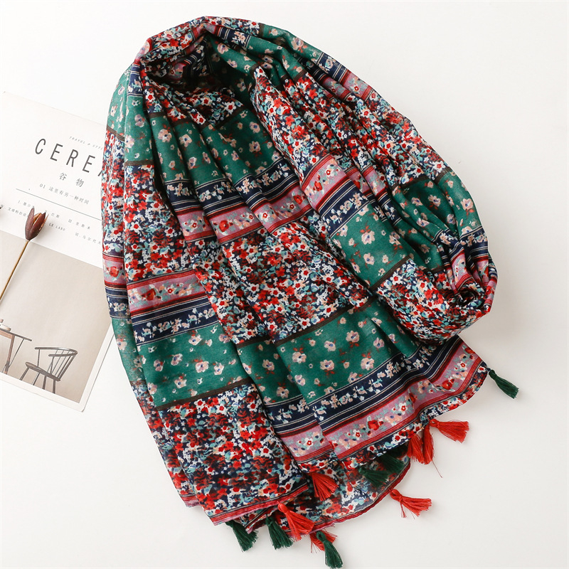 ITSFRIDAY LINDY Scarf - Premium Pashmina Shawl Selendang Syal Pasmina Hijab Import Motif Etnik Green Red Tassel