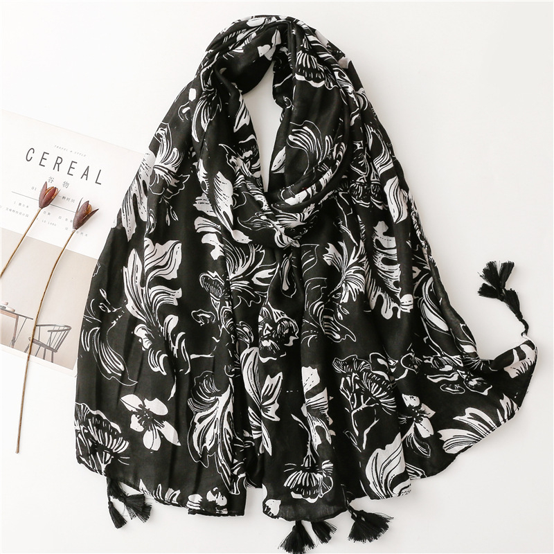 ITSFRIDAY ZAMORA Scarf - Premium Pashmina Shawl Selendang Syal Pasmina Hijab Import Motif Flower Clasic Black and White Tassel