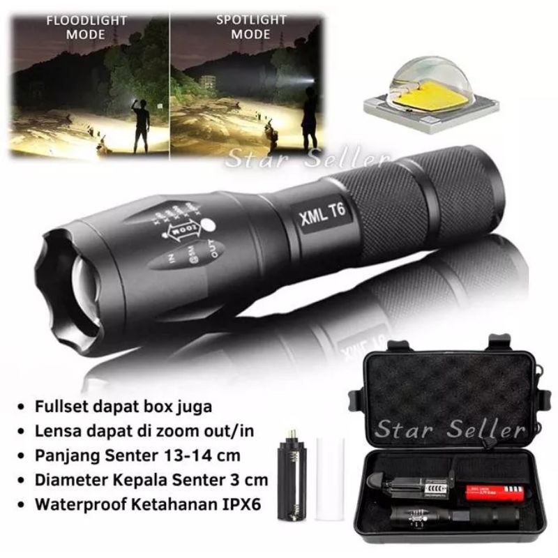 Free Box Paket Senter LED Cree XM-T6 + Baterai 18650 + Charger SUPER TERANG / Senter Camping / Senter Outdoor