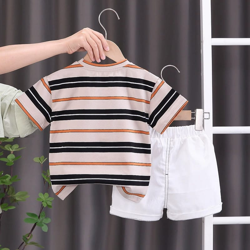 setelan lengan pendek anak lakilaki motif salur garis cream hitam usia 6 bulan - 5 tahun premium import