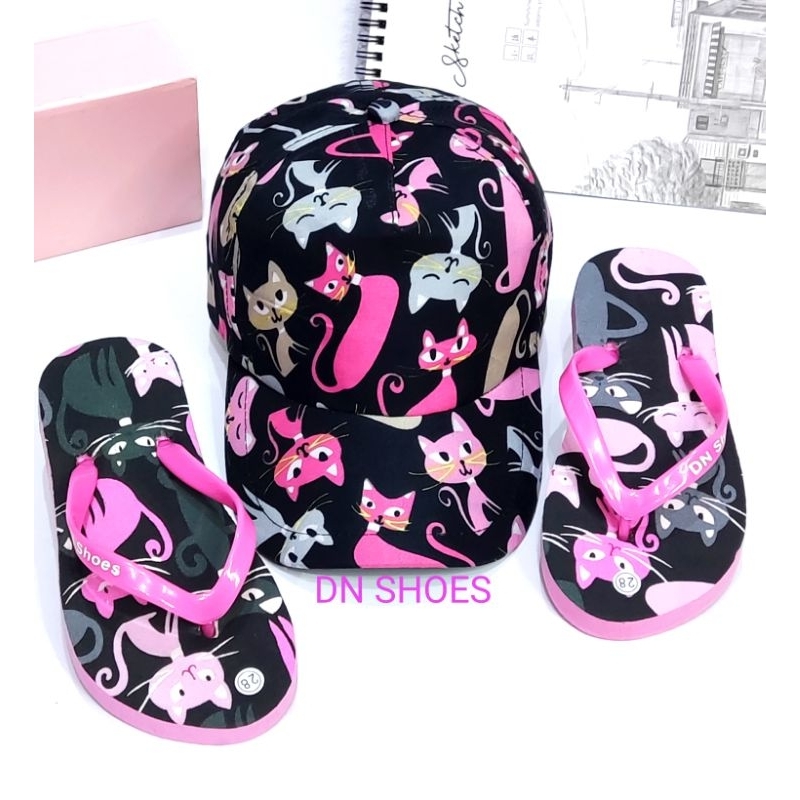 Paket Sandal Anak Cewek Topi Anak Perempuan Jepit Anak Motif Kucing Hitam Lucu 1 - 10 tahun