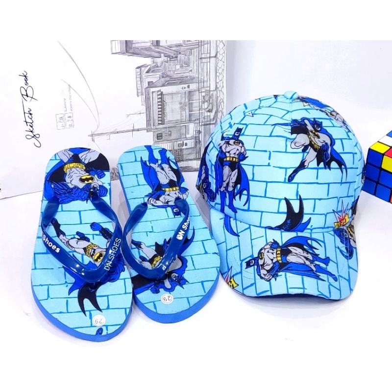 Paket Sandal Jepit Anak Cowok Topi Baseball Anak Laki laki motif Batman