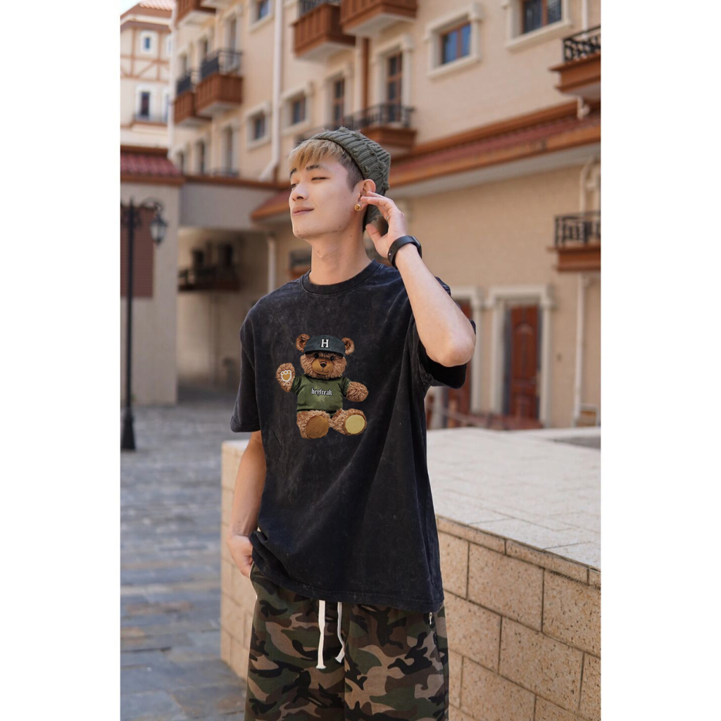 RDGF Washed oversized kaos pria keren teddy bear shape T-shirt kaos hitam pria black washed tshirt kaos cowok keren/A0903