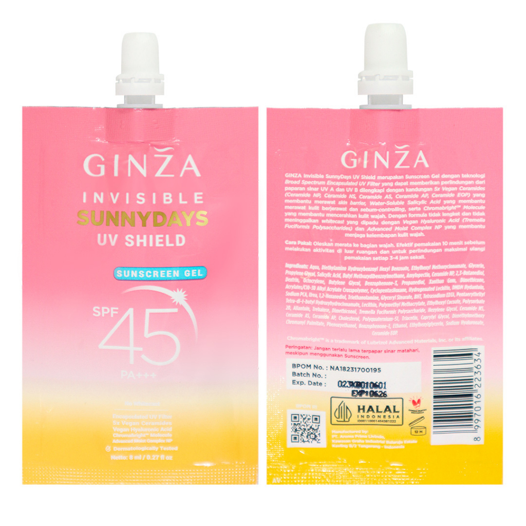 Ginza Invisible SunnyDays UV Shield Sunscreen Gel SPF 45 PA+++ SACHET 8mL
