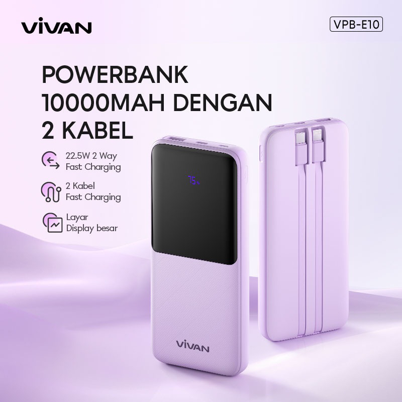 VIVAN VPB-E10 Powerbank 10000 mAh 4 Output Fast Charging 22.5W PD QC 3.0 VOOC Support Smartphone All Type - Garansi 1 Tahun