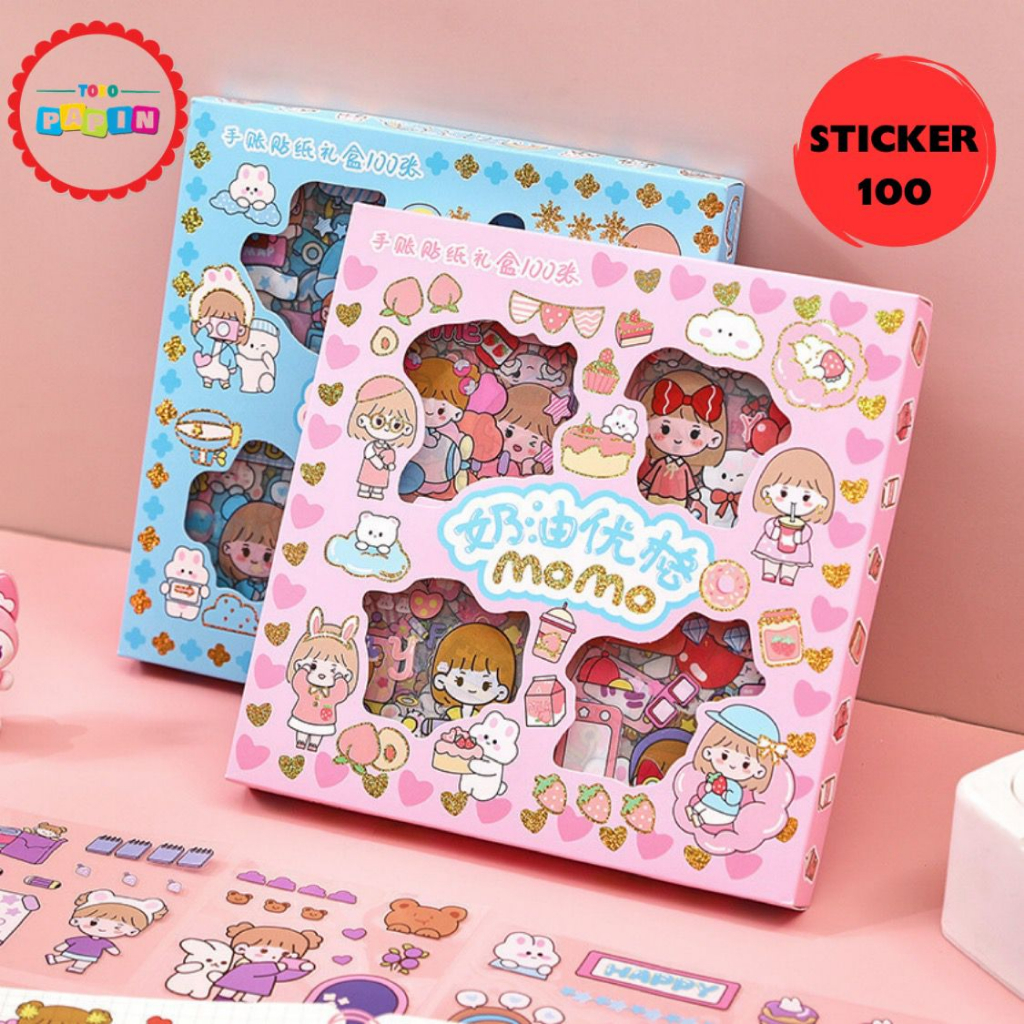 TokoPapin Stiker 100 Lembar Momo Sticker Waterproof Anti Air Kartun Lucu Korea DIY Dapat Box