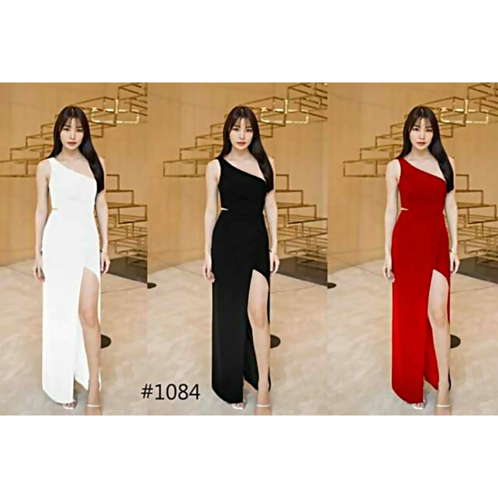 SP4 1804: Dress Panjang Oneshoulder Gaya Korea - Bahan Scuba Stretch Pressbody - Warna Hitam Merah P