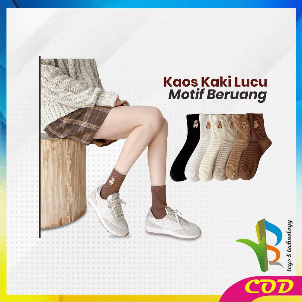 RB-P568 Kaos Kaki Wanita Korea Motif Beruang Panjang Setinggi Betis / Kaus Kaki Ankle Karakter Cute Bear Fashion Korean Style Socks