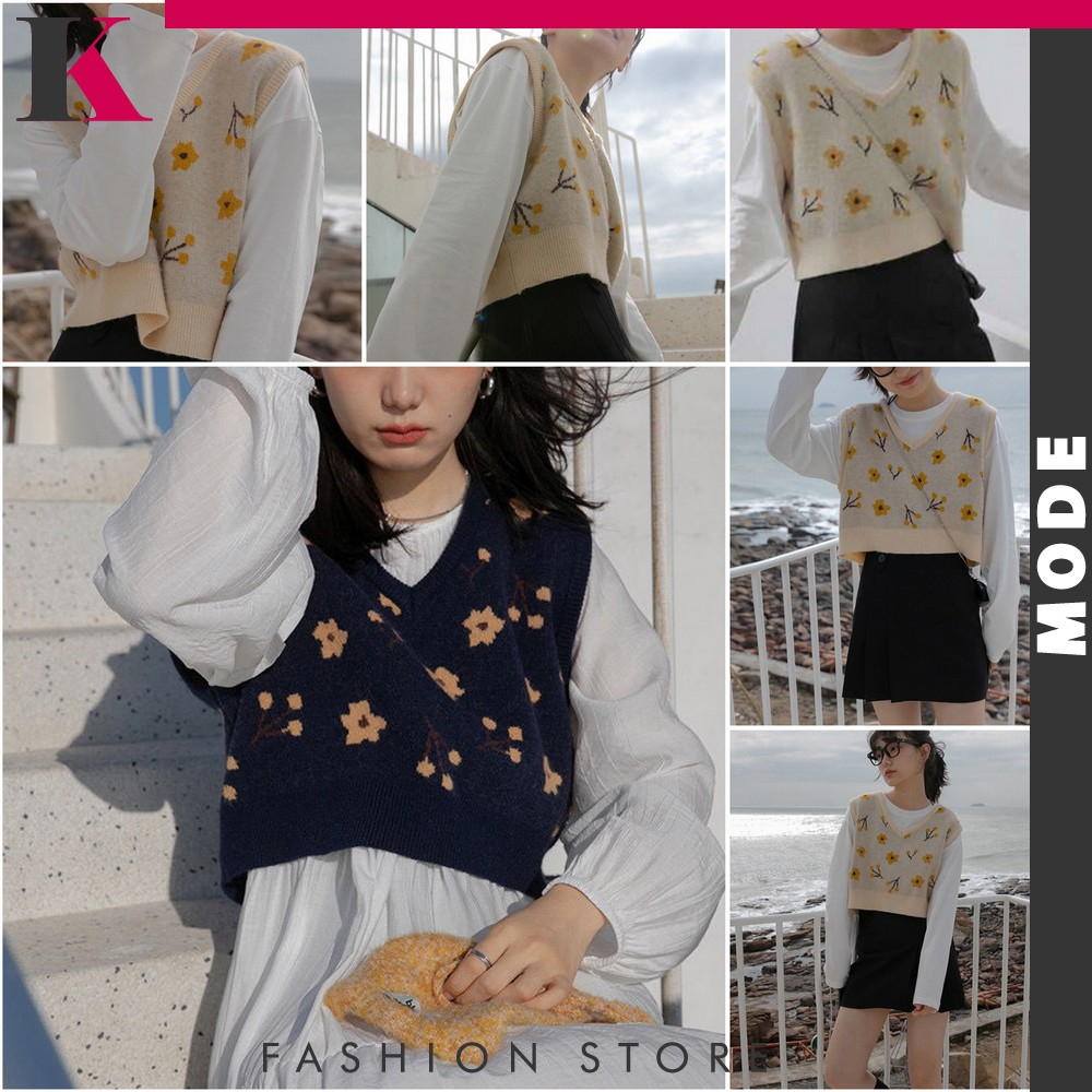 Rompi Vest Rajut Wanita Vneck Knit Sweater Rajut Tanpa Lengan Motif Bunga / Atasan Rajut Flower Vest