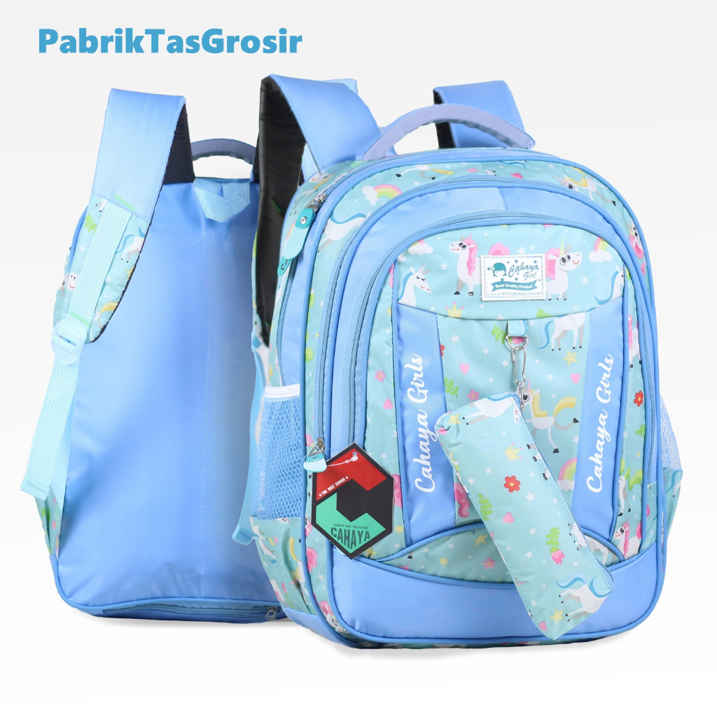 Tas Ransel Anak Perempuan Cahaya Unicorn Pony Ukuran Besar SD SMP  Kualitas Impor Bahan Tebal Muat LKS Buku Tema Laptop In Bonus Tempat Pensil Raincover Backpack Ngaji Les Piknik Anak TK SD SMP Jahitan Kuart