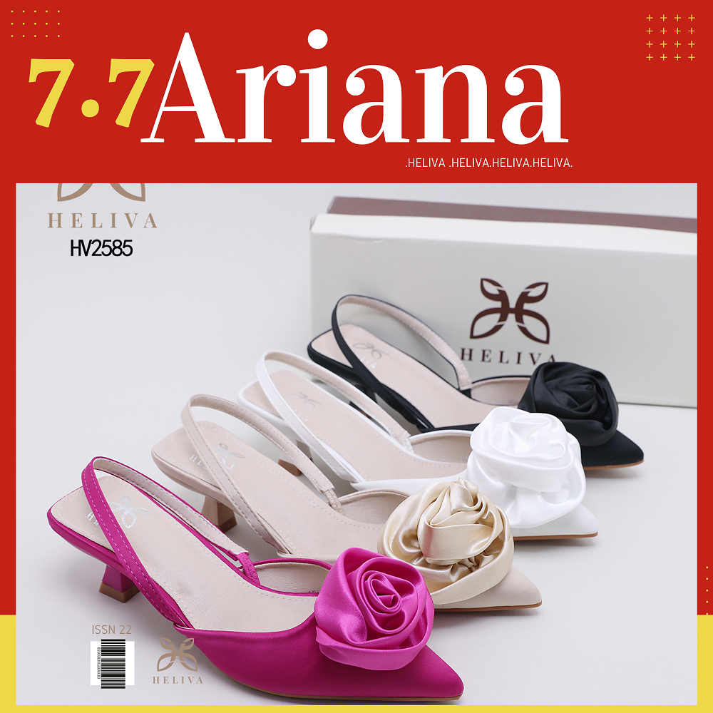 ARIANA HELIVA Sepatu Sling Back Hak Sedang 4,5cm Motif Bunga Mawar Flower Rose Bahan Kulit Satin Halus Sepatu Pesta Ujung Lancip Wedding Nikah Kondangan HV2585 Original Brand