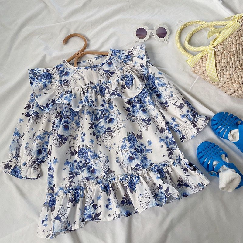 Dress Fashion Import Anak Perempuan - Putih Motif Bunga Biru