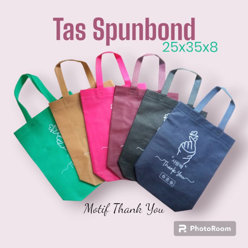 

[25x35x8] TAS SOUVENIR SPUNBOND SARANGHAEYO THANK YOU STANDING HANDLE LIPAT BAWAH SAMPING GOODIE BAG TOTEBAG CUSTOM TAS HAJATAN