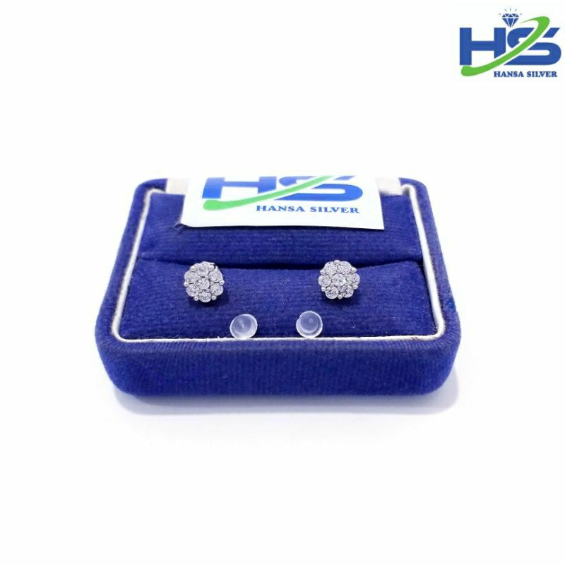 Anting Perak Asli Silver 925 Lapis Emas Putih Model Giwang Bulat Permata Putih - Anting Tusuk Wanita Anti Karat