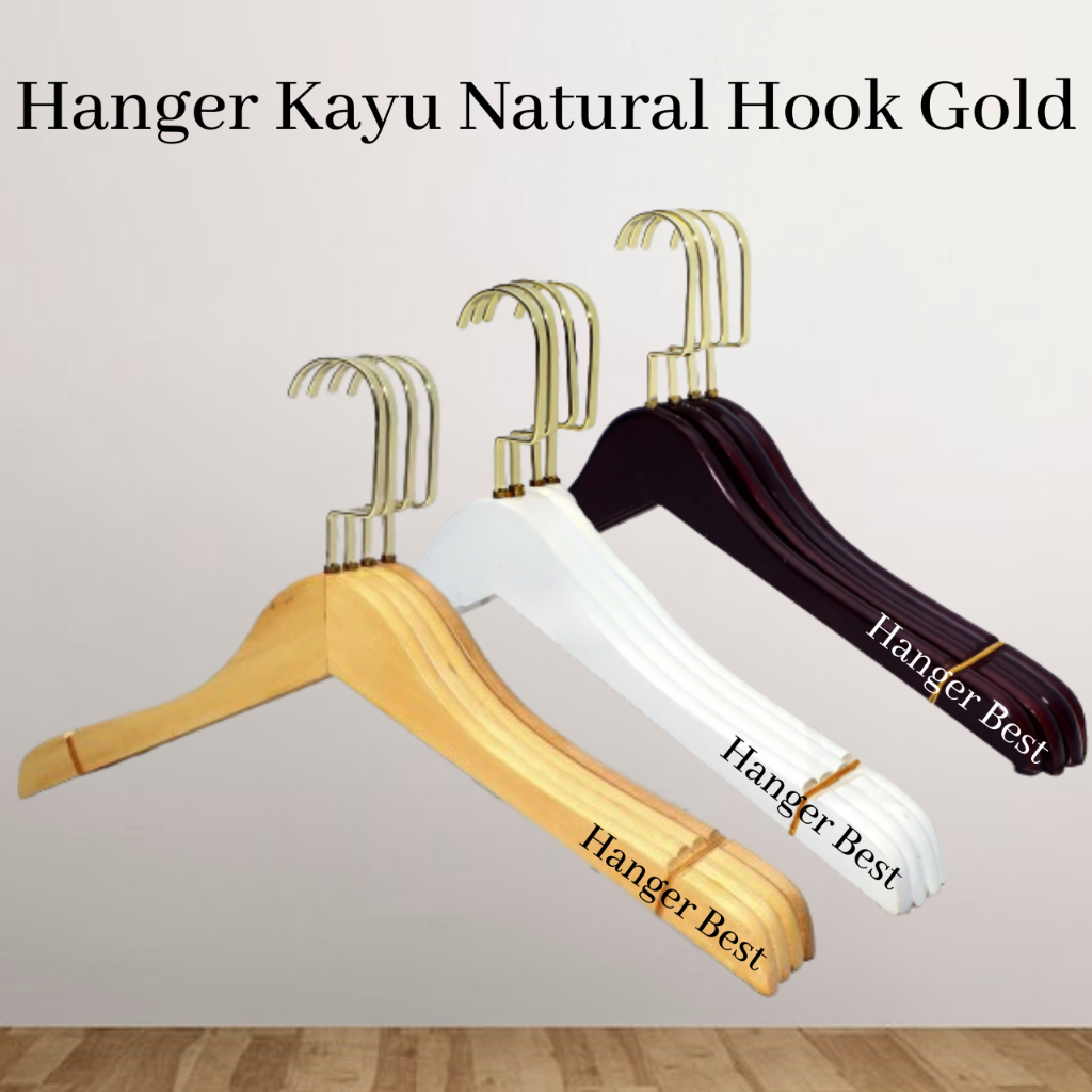 Hanger Kayu Dewasa Natural Wood Gold Hook 363 Gantungan Baju