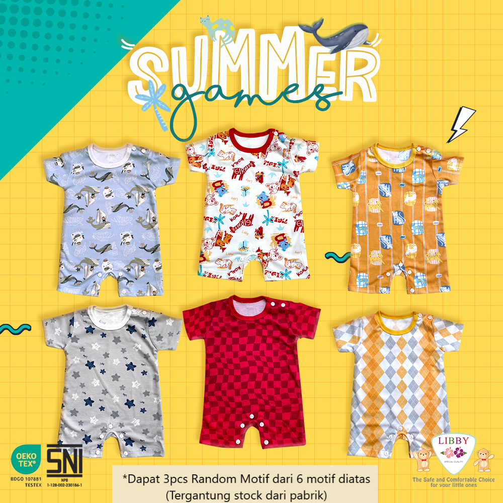 [TOMS] [BUNDLE HEMAT 3pc] LIBBY (3pcs) Romper Jumper Segiempat Baju Kodok Pendek Bayi MOTIF Terbaru Grosir PRINT