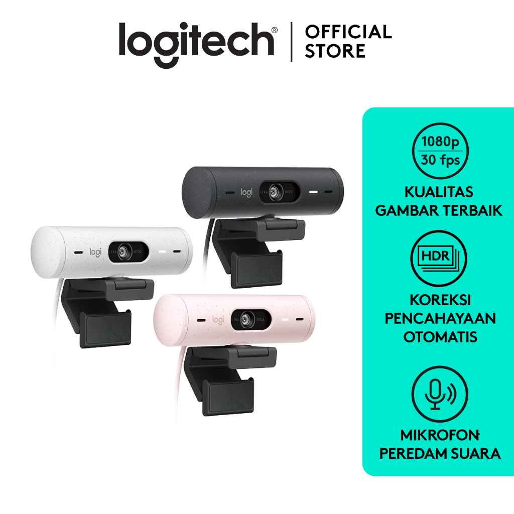 Logitech Brio 500 Webcam Full HD 1080p dengan Auto Light Correction, Show Mode, Auto Framing dan Mik