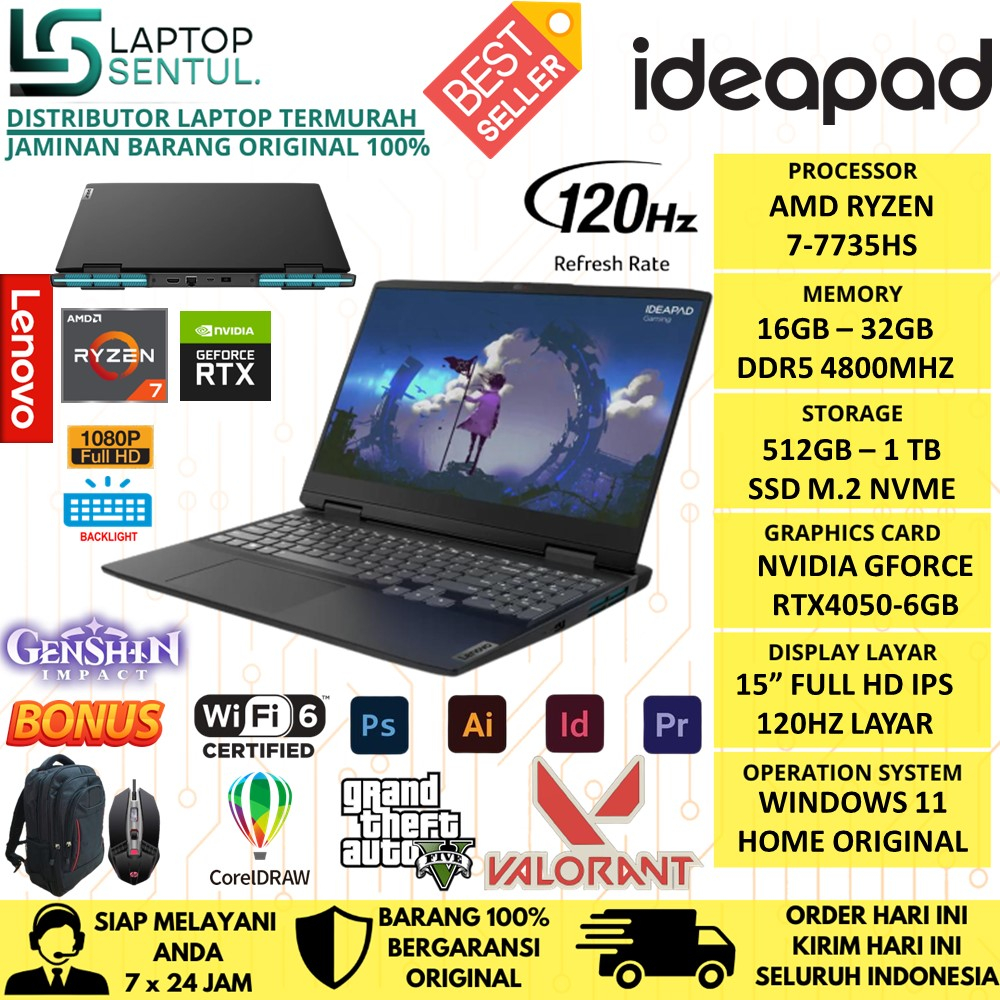 Lenovo Ideapad Gaming 3 15IAH7 INTEL Core i7 12700H RAM 32GB 2TB SSD RTX3050Ti 4GB FHD IPS 120Hz Windows 11 Original